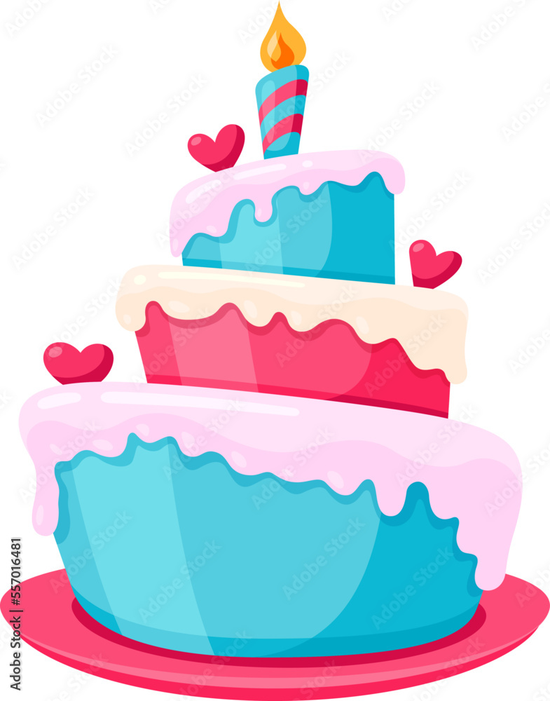 Holiday cake with burning candle and melting icing layer with romantic heart vector flat Holiday cake with burning candle and melting icing layer with romantic heart vector flat