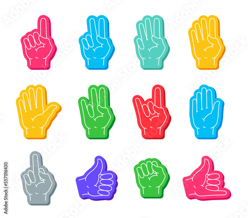 Foam finger victory gesture souvenir accessory set isometric vector cheer arm fan figure