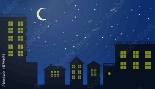night sky with stars and moon clouds rising in the white city. Vector of a crescent moon with stars on a cloudy night sky. Moon and stars blue night background.
