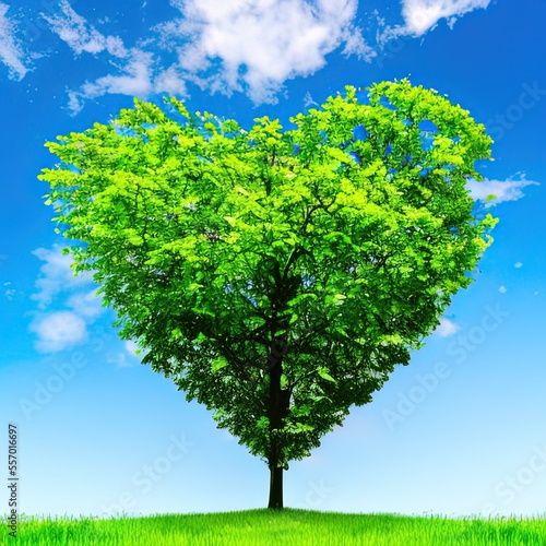 Heart shaped tree on lawn in sunny day - generative ai