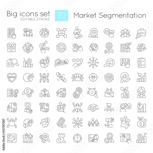 Marketing segmentation linear icons set. Commercial strategy. Target audience. Customizable thin line symbols. Isolated vector outline illustrations. Editable stroke. Quicksand-Light font used