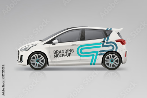 Company Car mockup with branding and corporate identity design conceptl. Abstract graphics of blue stripe for delivery car. Editable vector template photo