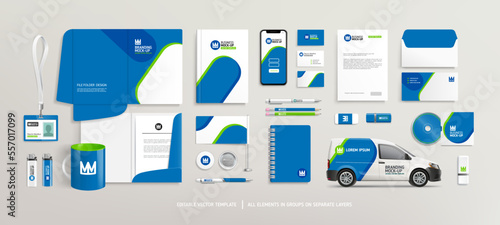 Brand Identity Mock-Up of stationery set. Business office stationary mockup of File folder, annual report. Business brochure cover. Company Car. Advertising promo elements. Editable vector template