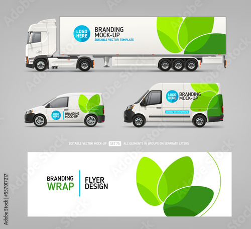 Van Truck vector mockup set with wrap design for branding and corporate identity. Abstract green graphics for business banner background. Wrap design. Branding vehicle template