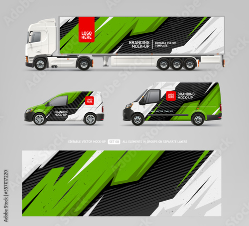 Vector Van, Truck trailer mockup with branding and corporate identity decal. Abstract graphics for business background. Flyer or wrap design. Editable template
