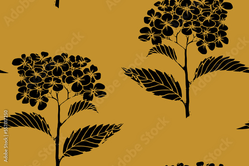 Seamless pattern with blooming hydrangea viburnum flower. Plant Hand drawn. Black and gold vector print illustration
