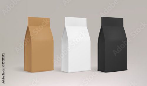 Realistic food zip-package mock-ups - editable vector template. Coffee or tea paper pouch mockup for brand design. Stand-up foil or paper pouch design
