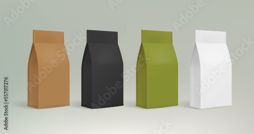 Realistic food zip-package mock-ups - vector template. Coffee or tea paper pouch mockup for brand design. Stand-up foil or paper pouch design