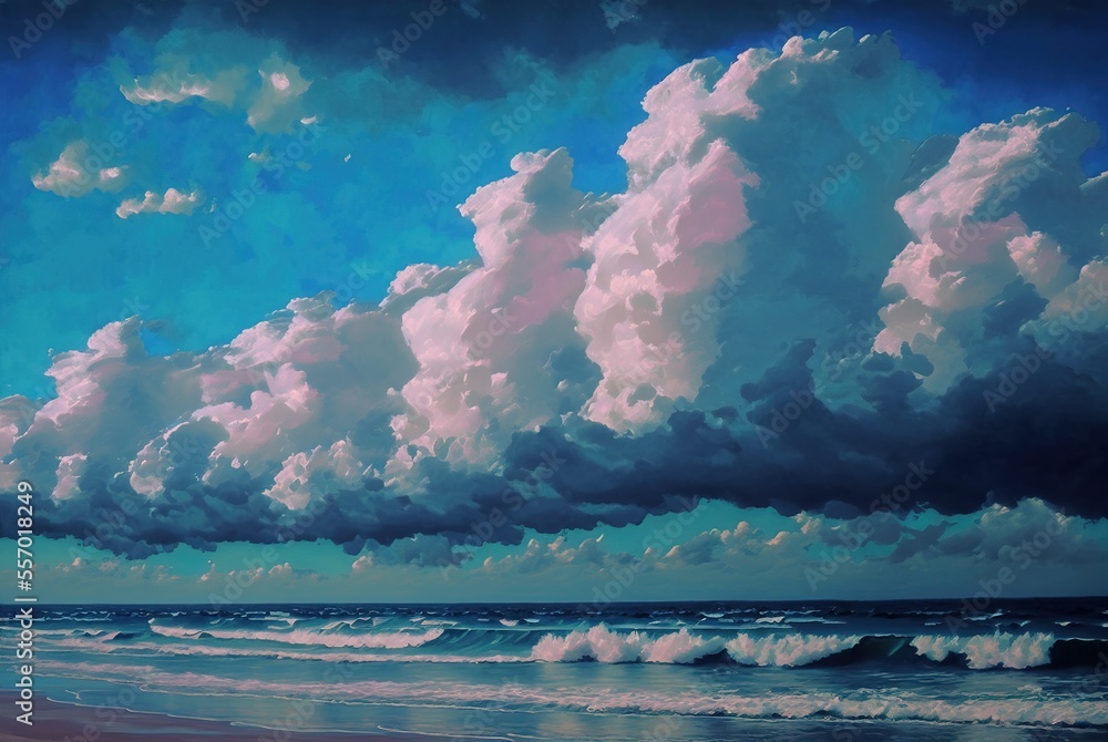 Later afternoon pacific beach coastline with calm ocean waves and large cumulus clouds in the blue summer sky.