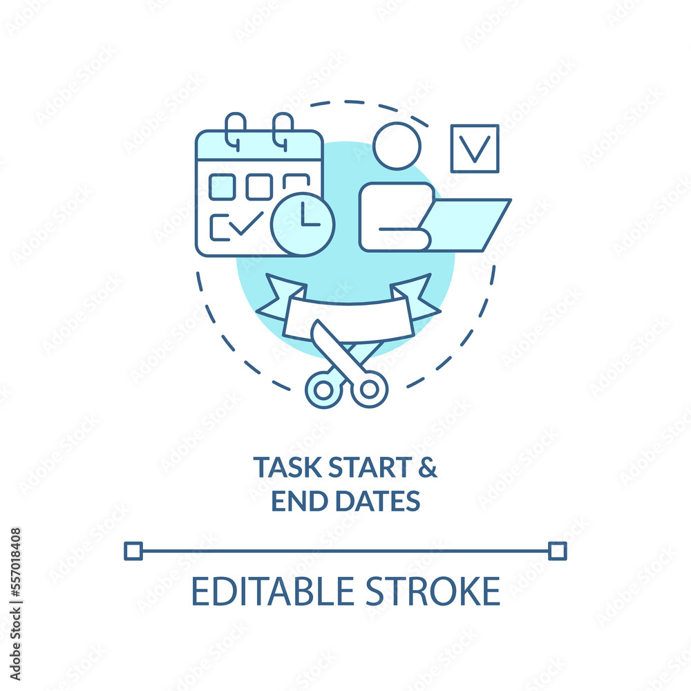 Task start and end dates turquoise concept icon. Completion. Project plan includes abstract idea thin line illustration. Isolated outline drawing. Editable stroke. Arial, Myriad Pro-Bold fonts used Task start and end dates turquoise concept icon. Completion. Project plan includes abstract idea thin line illustration. Isolated outline drawing. Editable stroke. Arial, Myriad Pro-Bold fonts used
