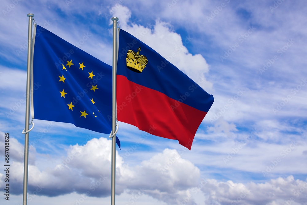 European Union and Principality of Liechtenstein Flags Over Blue Sky Background. 3D Illustration European Union and Principality of Liechtenstein Flags Over Blue Sky Background. 3D Illustration