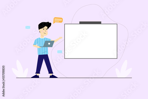 Vector young man hold laptop showing empty projector for infomation concept