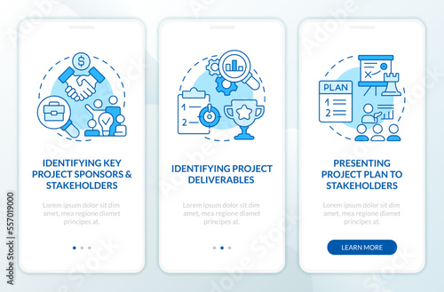 Project planning stages blue onboarding mobile app screen. Workflow walkthrough 3 steps editable graphic instructions with linear concepts. UI, UX, GUI template. Myriad Pro-Bold, Regular fonts used