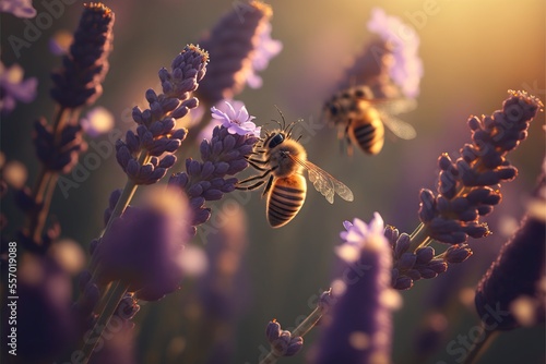 a bee flying over a bunch of lavender flowers in a field of lavenders in the sunlight. Generative AI