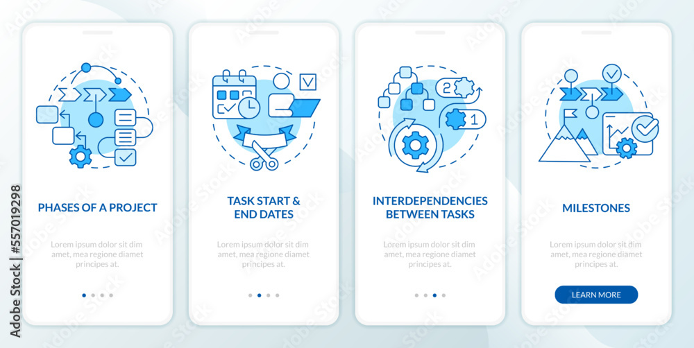 Project plan parts blue onboarding mobile app screen. Task management walkthrough 4 steps editable graphic instructions with linear concepts. UI, UX, GUI template. Myriad Pro-Bold, Regular fonts used