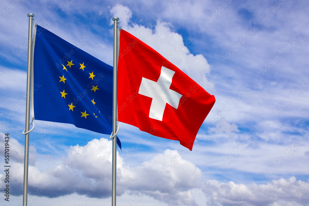 European Union and Swiss Confederation, Flags Over Blue Sky Background. 3D Illustration