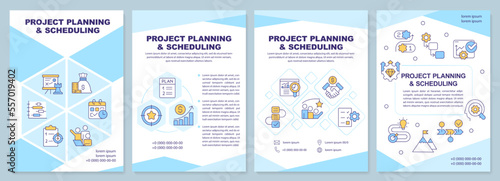 Project planning and scheduling blue brochure template. Leaflet design with linear icons. Editable 4 vector layouts for presentation, annual reports. Arial-Black, Myriad Pro-Regular fonts used