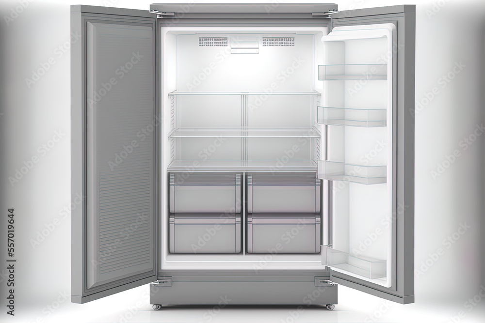 Open refrigerator that is empty, isolated on a white backdrop. Gray freezer with open doors, front view. believable . Generative AI Open refrigerator that is empty, isolated on a white backdrop. Gray freezer with open doors, front view. believable . Generative AI