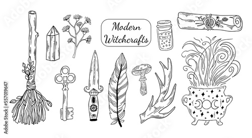 Black outline witchcraft symbols clipart. Hand drawing line art. Feather, deer horn, floral, smagic croll, witch's cauldron and knife modern witch illustration.