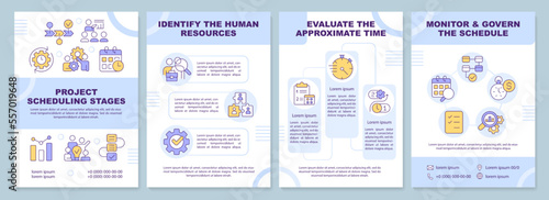 Project scheduling stages blue brochure template. Leaflet design with linear icons. Editable 4 vector layouts for presentation, annual reports. Arial-Black, Myriad Pro-Regular fonts used