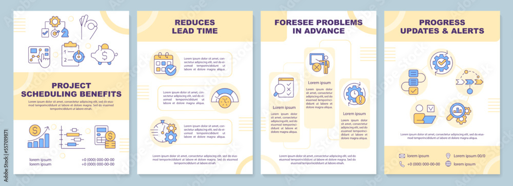 Project scheduling benefits yellow brochure template. Leaflet design with linear icons. Editable 4 vector layouts for presentation, annual reports. Arial-Black, Myriad Pro-Regular fonts used