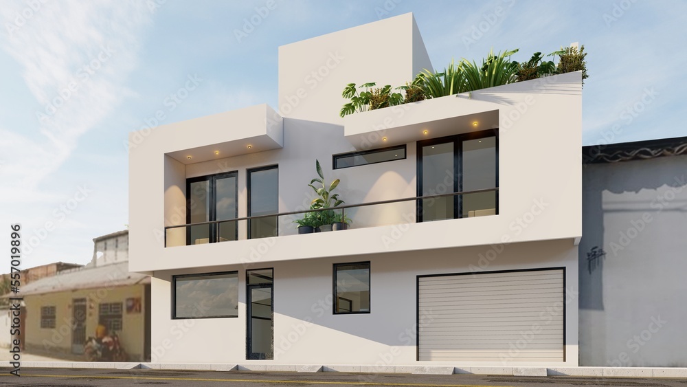 Facade of a single-family home, minimalist style made up of two volumes and vegetation Facade of a single-family home, minimalist style made up of two volumes and vegetation