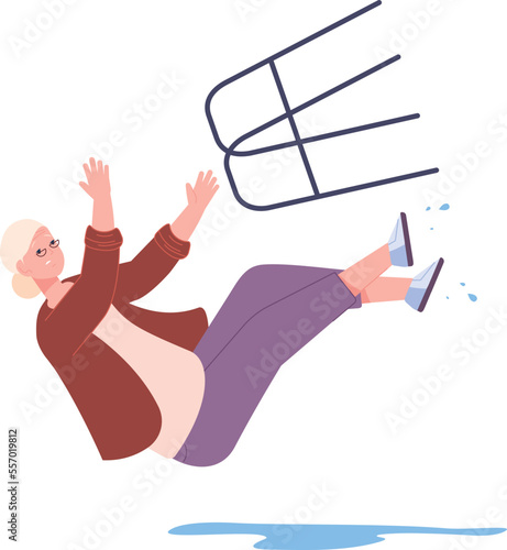 Senior woman slipping on wet floor. Elderly person falling