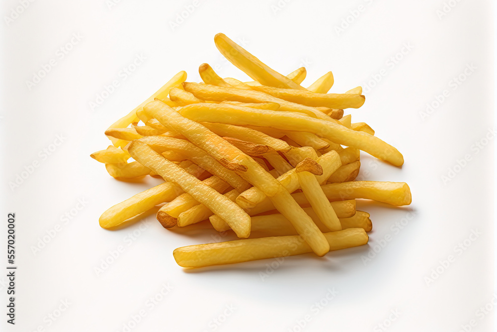 Isolated fried potatoes or french fries with full depth of field and clipping path on a white background. looking up. Lay flat. Generative AI Isolated fried potatoes or french fries with full depth of field and clipping path on a white background. looking up. Lay flat. Generative AI