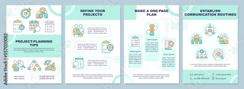Project planning tips green brochure template. Management. Leaflet design with linear icons. Editable 4 vector layouts for presentation, annual reports. Arial-Black, Myriad Pro-Regular fonts used