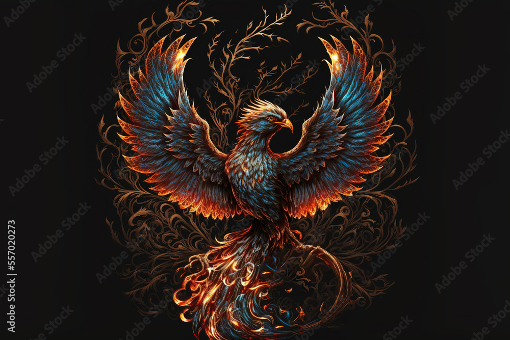 Illustration of a phoenix in fire. Symbol of rebirth. Fenix with burning wings and feathers. Firebird on black background, art illustration Illustration of a phoenix in fire. Symbol of rebirth. Fenix with burning wings and feathers. Firebird on black background, art illustration