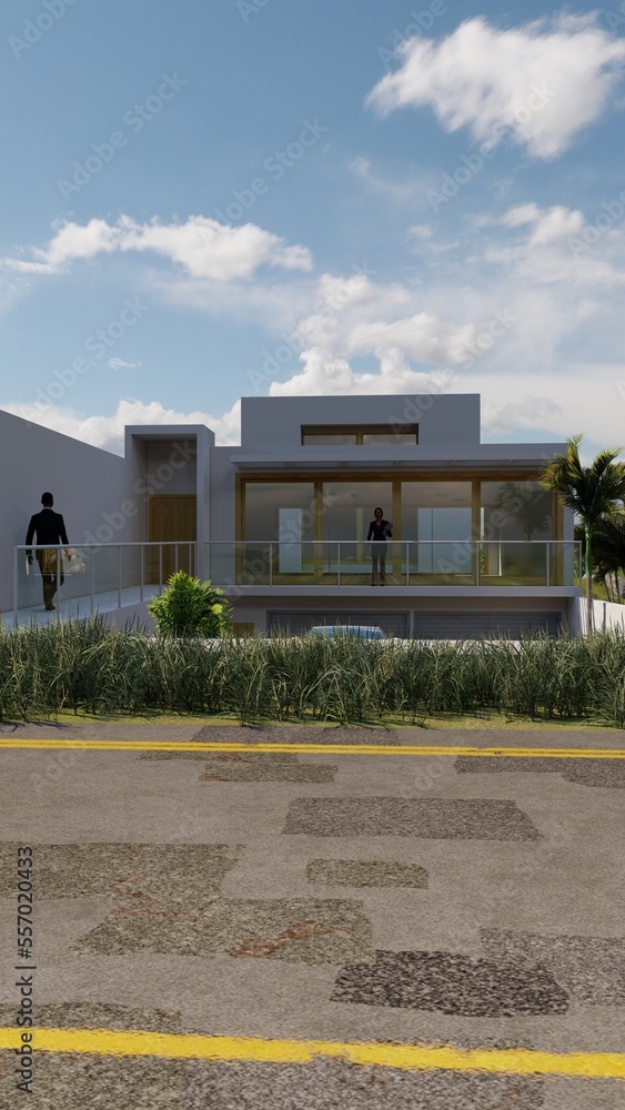 Fototapeta premium Front facade - office center with parking lots and green areas