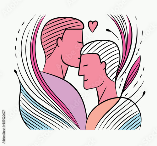 Homosexual couple vector line and flat illustration. Gay couple LGBT+. Valentine's Day design for men. Concept of free love, relationships, love and romance.