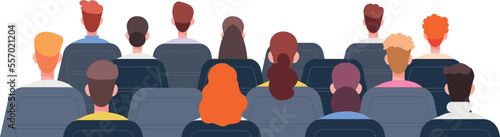 Seminar audience. People sitting on chairs rear view