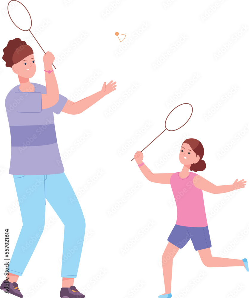 Girl playing in badminton with mother. Happy family together Girl playing in badminton with mother. Happy family together