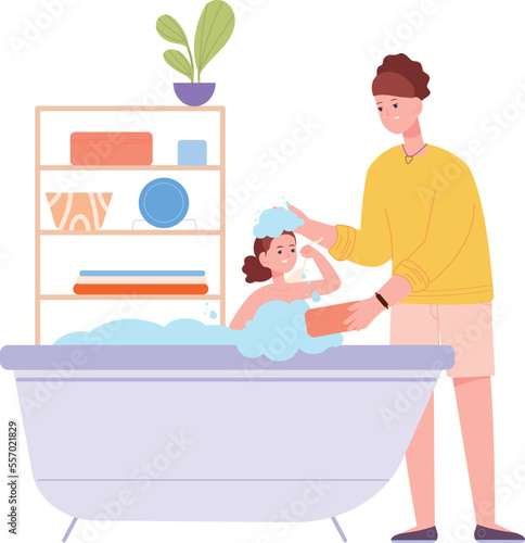 Girl taking bath with mother help. Happy parenting