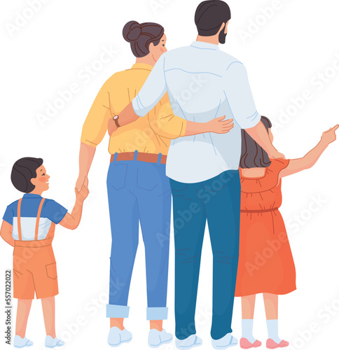 Happy family together rear view. Parents standing with kids