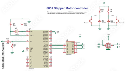 Vector schematic diagram of an electronic device.
Design demonstrates the use of a microcontroller to 
control a stepper motor. Electric scheme on the white
sheet of paper.