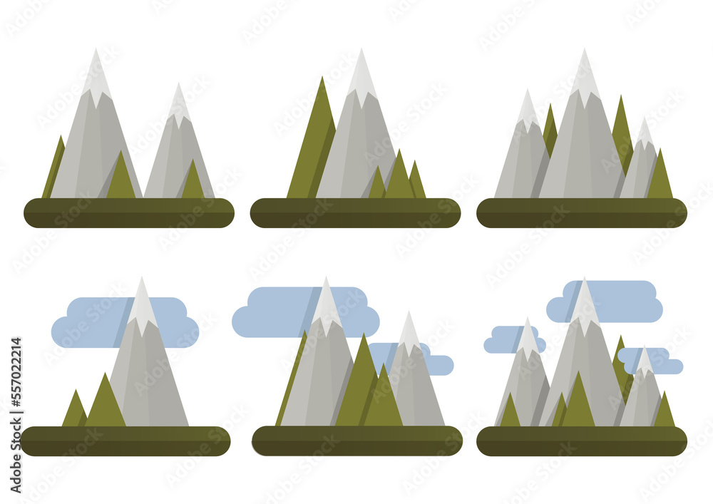 Set of simple geometric gray mountains and triangular fir trees and clouds