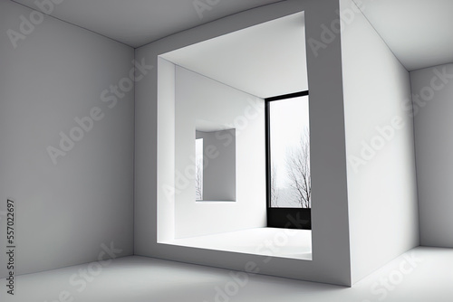 simple white interior of an abstract building with a window. and illustration. Generative AI