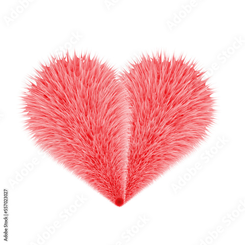 Funny fur heart. Fluffy cute realistic 3D red heart. Hairy cartoons design. Vector illustration