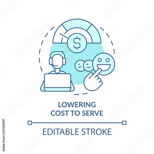Lowering cost to serve turquoise concept icon. Public service delivery change abstract idea thin line illustration. Isolated outline drawing. Editable stroke. Arial, Myriad Pro-Bold fonts used