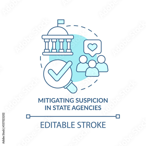 Mitigating suspicion turquoise concept icon. Public service delivery change abstract idea thin line illustration. Isolated outline drawing. Editable stroke. Arial, Myriad Pro-Bold fonts used