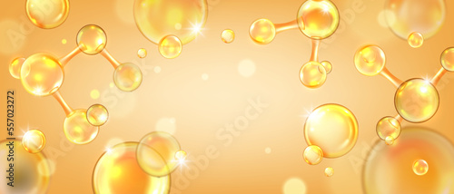 Gold collagen background, peptide molecule background, 3D jojoba oil lab cosmetic science banner. Vector skin care vitamin medical poster, yellow liquid bubble. Gold collagen beauty chemistry backdrop