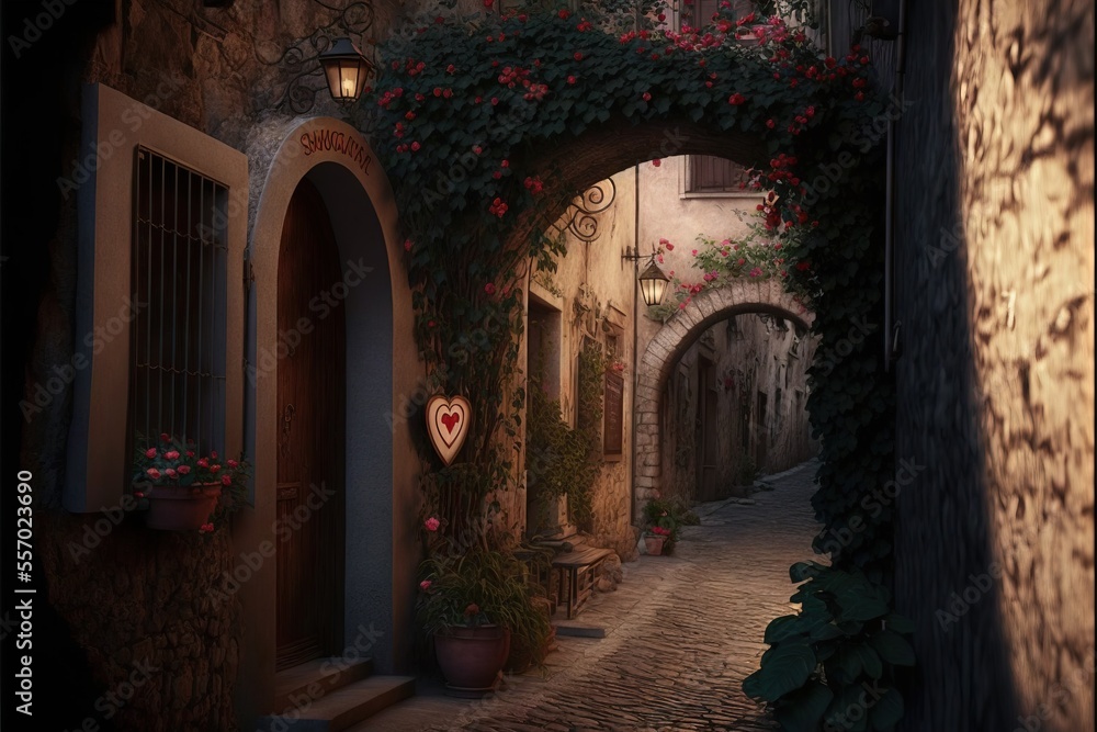 Obraz premium a narrow alley with a stone building and a door with a heart on it and a plant growing on the wall.