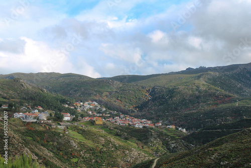 View from the top of the mountains of the Serra da Estrela natural park, village of Sabugueiro. Cloudy and rainy day. 