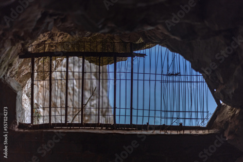 View from inside the fortress of the top of The Rock of Gibraltar, Great Siege Tunnels, Military heritage. Gibraltar, UK                                                 