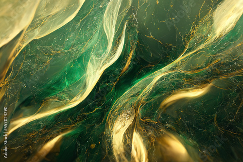 Green and gold marble texture. Luxury abstract fluid art paint wallpaper. AI