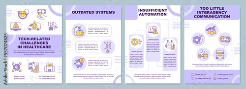 Tech challenges in healthcare brochure template. Leaflet design with linear icons. Editable 4 vector layouts for presentation, annual reports. Arial-Black, Myriad Pro-Regular fonts used