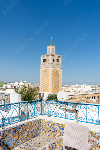 Panoramic top view of the Ez-Zitouna Mosque in the old city of Tunis. Famous Islamic landmark in Tunisia.  
