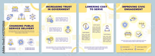 Changing public service delivery brochure template. Leaflet design with linear icons. Editable 4 vector layouts for presentation, annual reports. Arial-Black, Myriad Pro-Regular fonts used